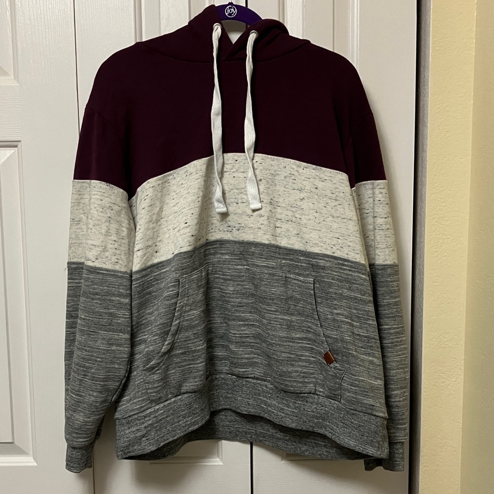Doublju Burgundy and Gray Colorblock Hoodie